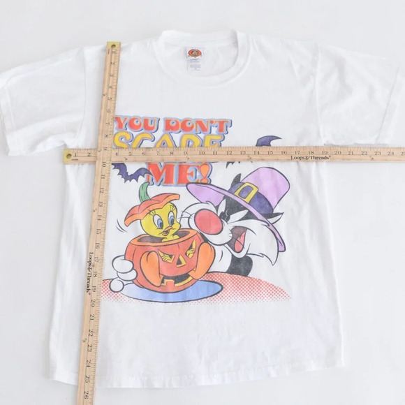 Vintage 90'S Looney Tunes White Halloween Tweety &  Sylvester Short Sleeve Tee M - Picture 4 of 12